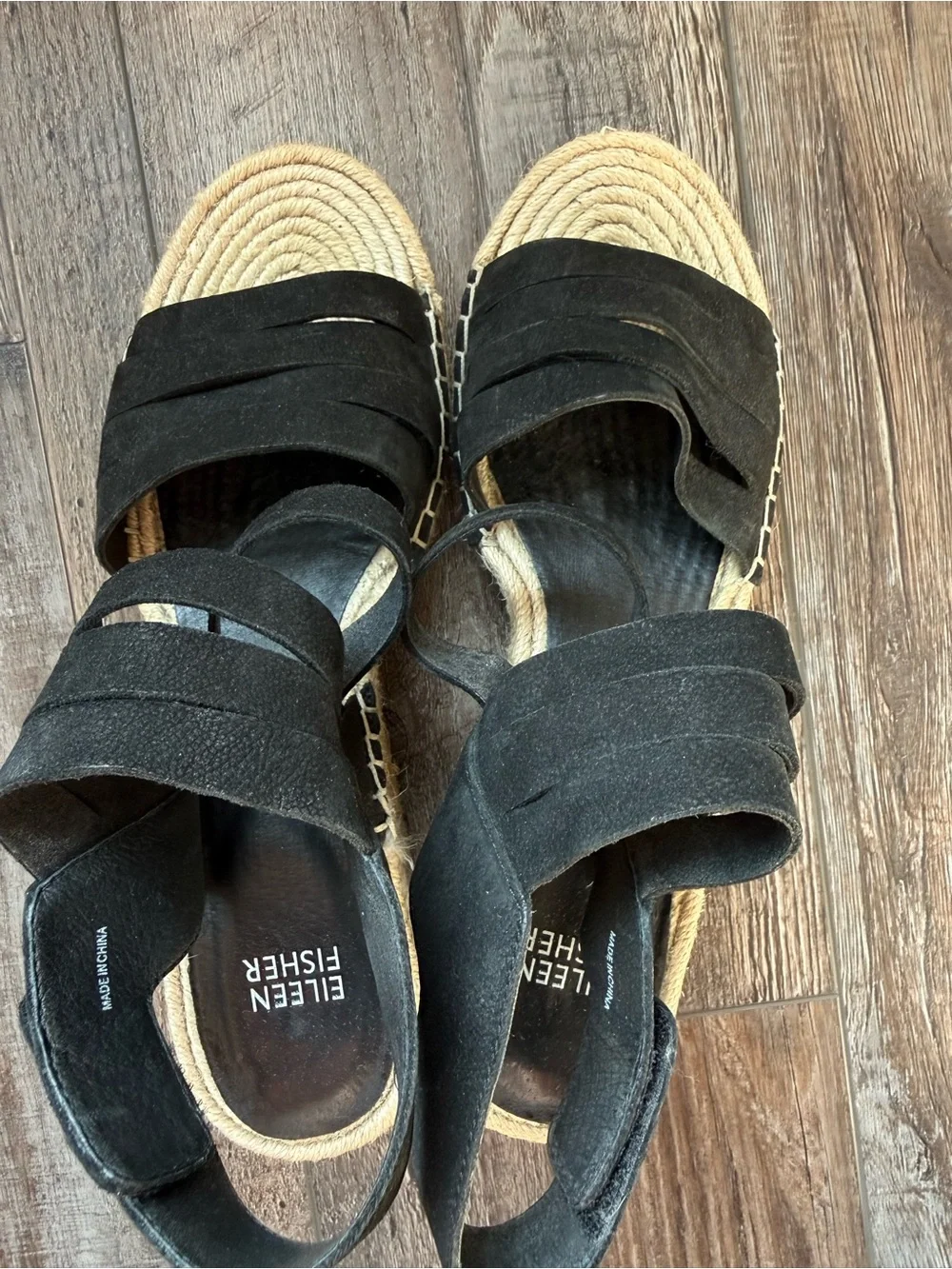 Eileen Fisher Black Suede Layered Espadrille Wedge Sandals